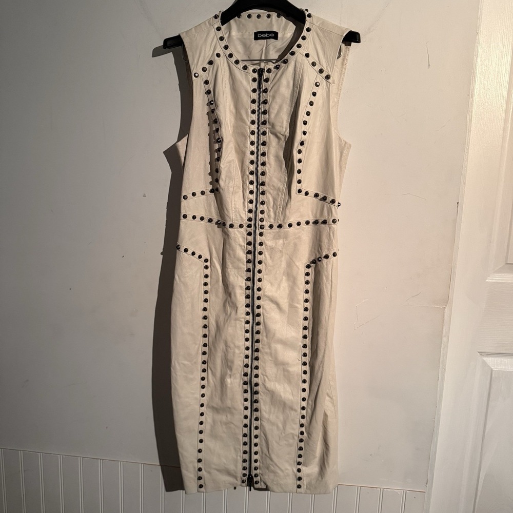 Bebe Ari Small White Leather Studded Dress Edgy Grunge Rock Moto Full Zip